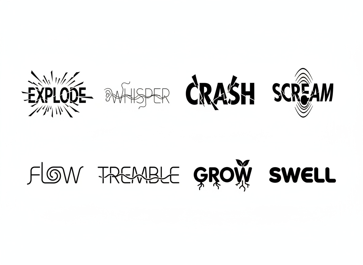 Acht Logos mit unterschiedlichen Wörtern und gestaltet in schwarzen Linien