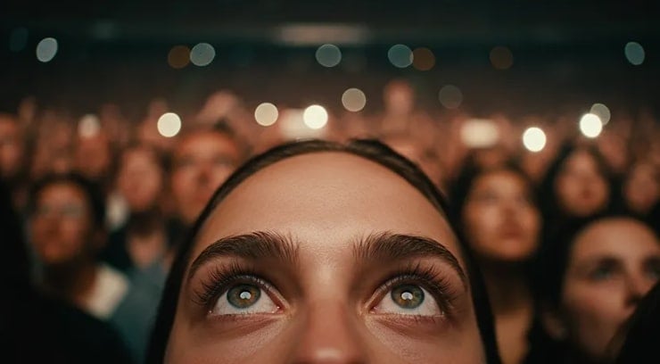 Eine Frau im Vordergrund und dahinter ein Publikum