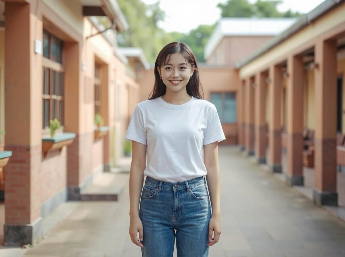 Ein Mädchen in weißem T-Shirt und Jeanshose