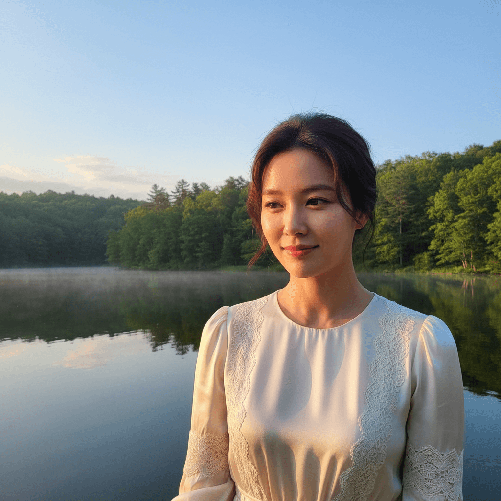 Eine asiatische Frau vor einem See und Wäldern