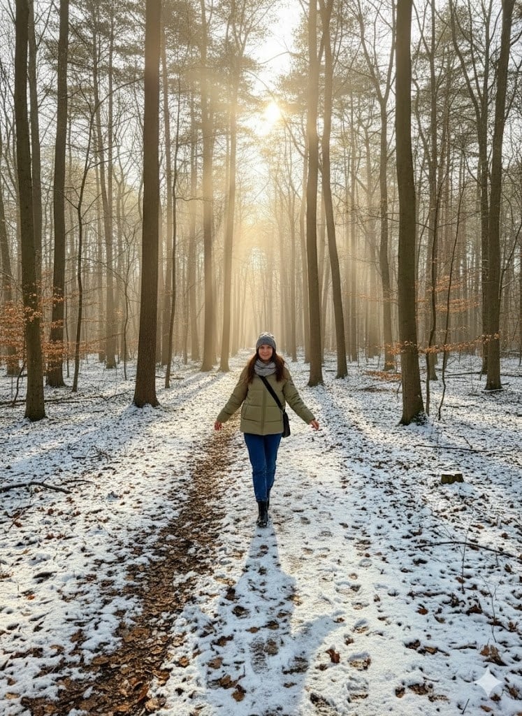 Ein Bild einer Frau im verschneiten Wald aus der Rückenansicht in eine Vorderansicht umwandeln