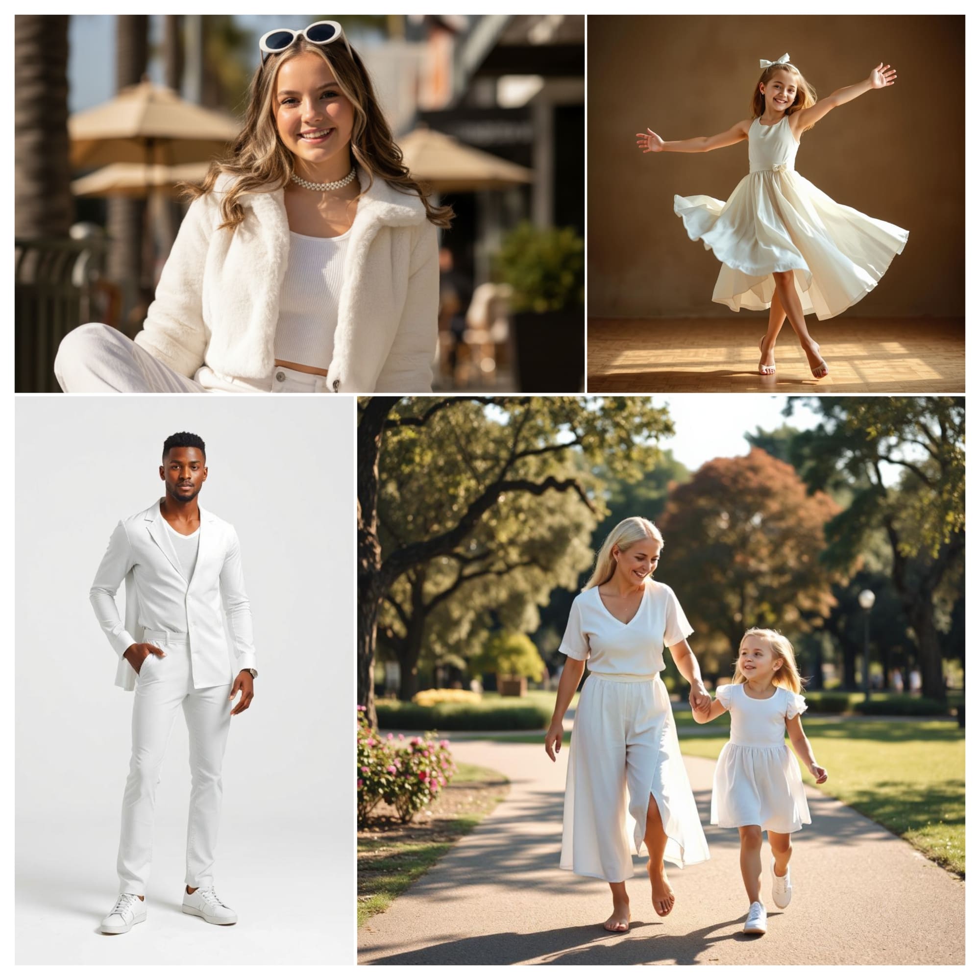 Vier Bilder mit verschiedenen Personen in Weiß