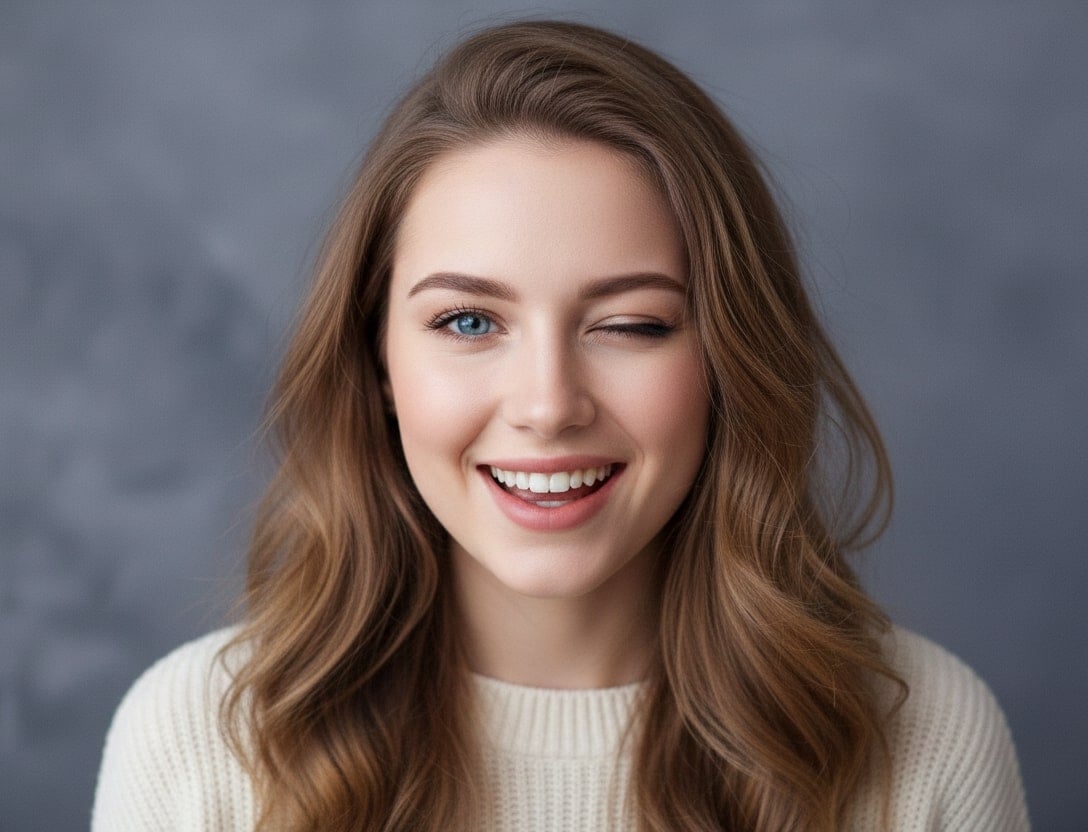 Eine Frau mit einem zwinkernden Auge