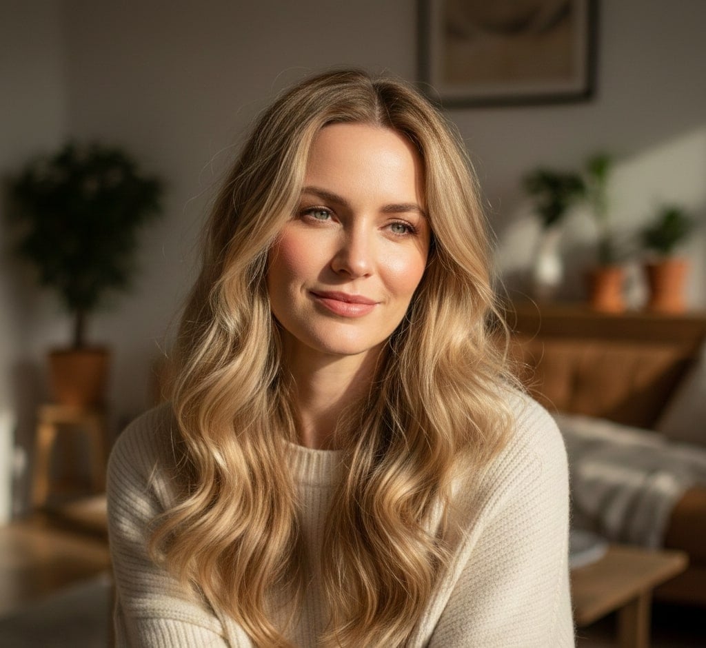 Eine blonde Frau blickt nach unten links mit natürlicher Außenbeleuchtung