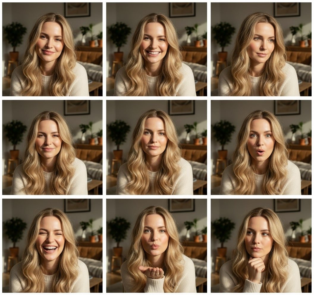 Basierend auf dem linken Foto ein 3×3-Raster mit verschiedenen Posen und Blickwinkeln erstellen