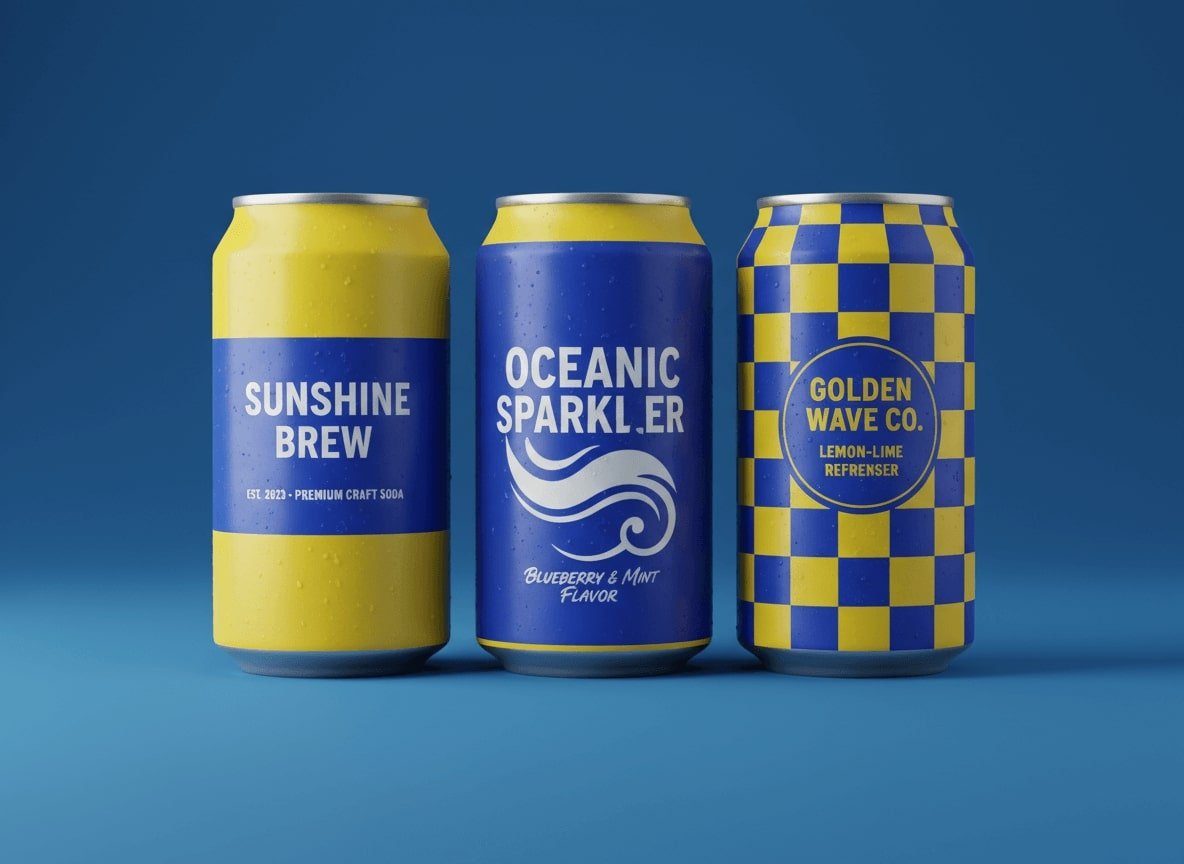 Drei gelb-blaue Dosen mit englischer Beschriftung