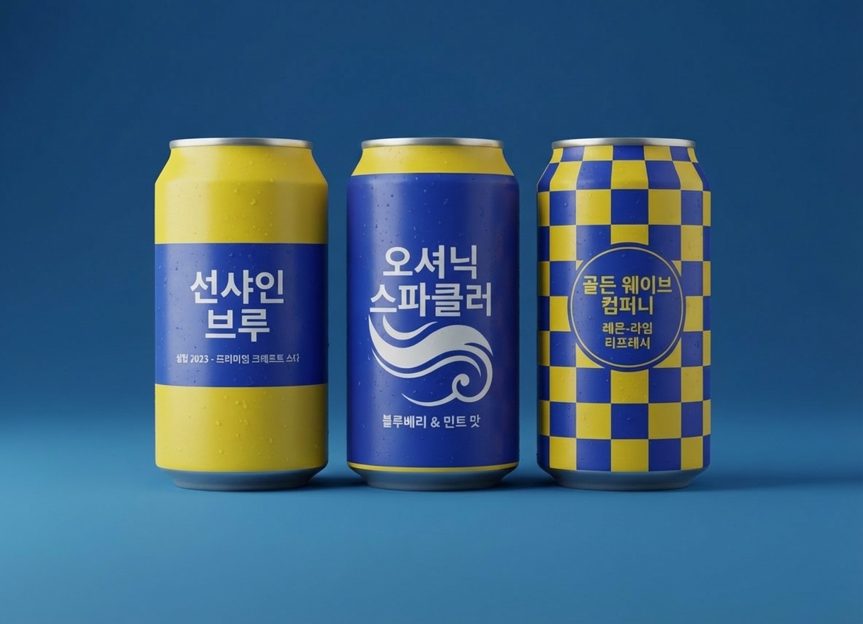 Drei gelb-blaue Dosen mit koreanischer Beschriftung