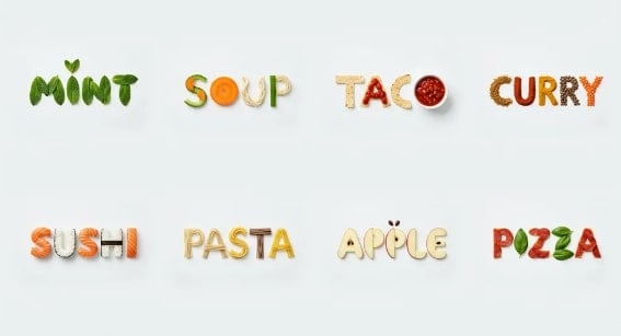 Acht Wörter mit jeweils passenden Lebensmitteln zu einer kompakten Darstellung zusammenfügen