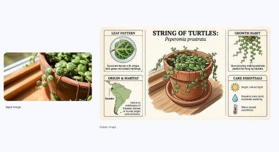 Aus einem Bild eine Infografik zu einer grünen Pflanze mit erklärenden Informationen erstellen