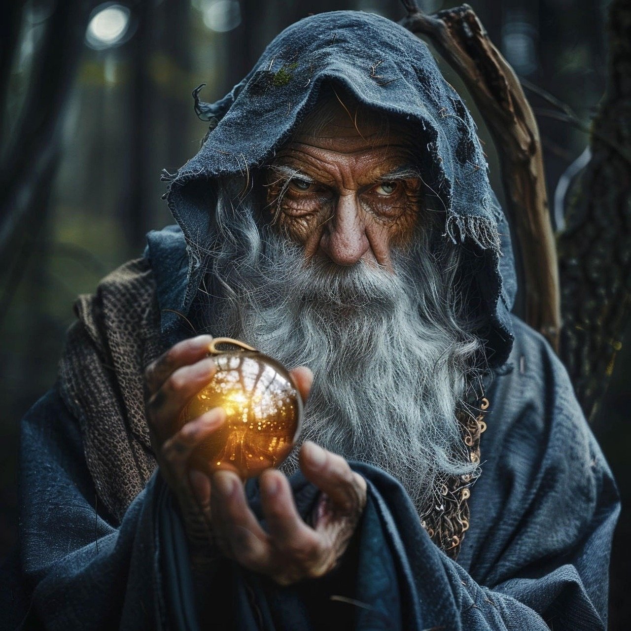 Ein älterer Mann in einem Zauberer-Outfit mit einem leuchtenden Ball