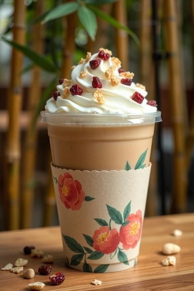 Eine Tasse Eiskaffee mit Nüssen und getrockneten Beeren