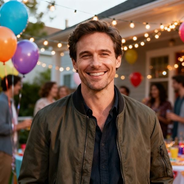 Ein Halbporträt eines lächelnden Mannes vor einer Geburtstagsfeier