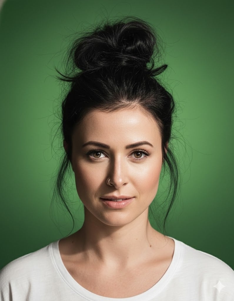 Aus einem einfachen Porträt einer Frau ein professionelles Bewerbungsfoto mit grünem Hintergrund erstellen