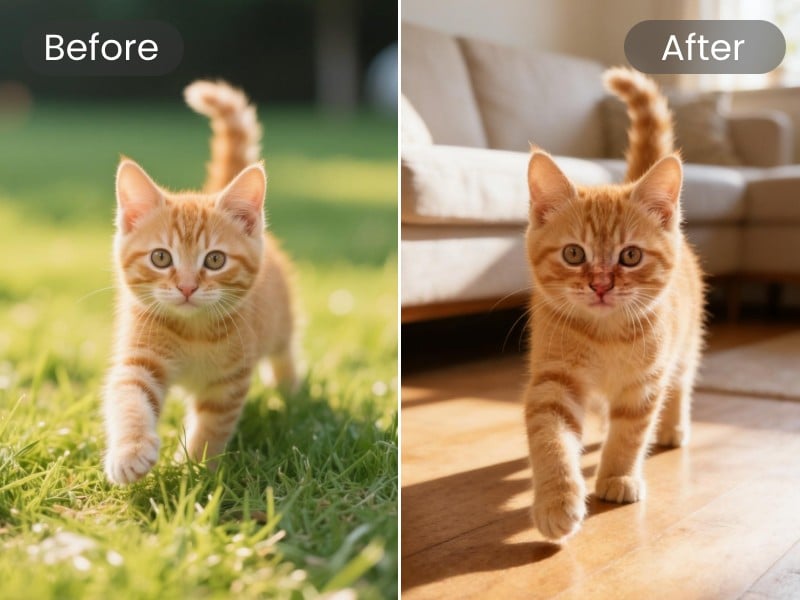 AI background changer effect for transferring a grassland into a interior background