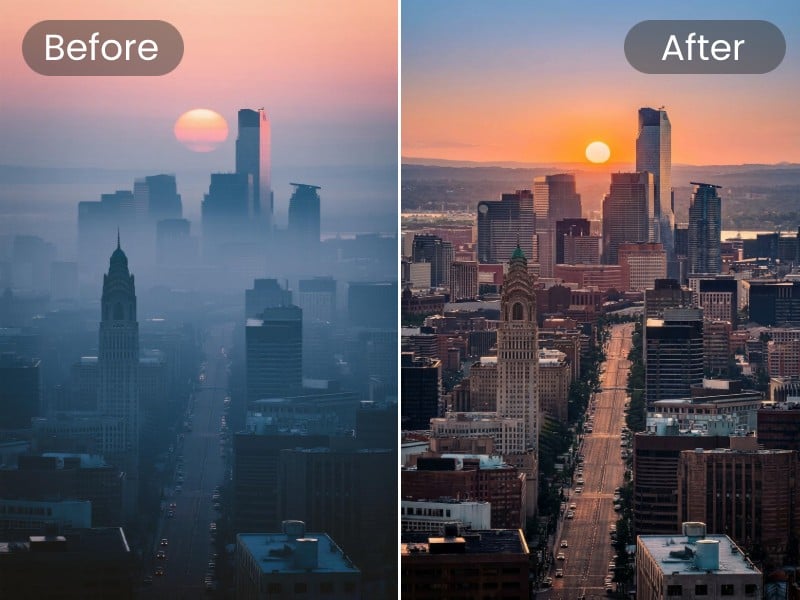 AI dehaze effect for a cityscape