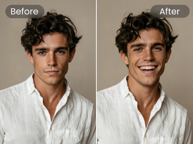 AI expression change effect for a man featuring making him smile