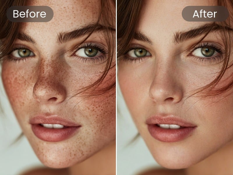 AI face retouching effect for a woman