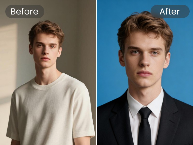 AI headshot generator effect featuring generating a blue background professional headshot