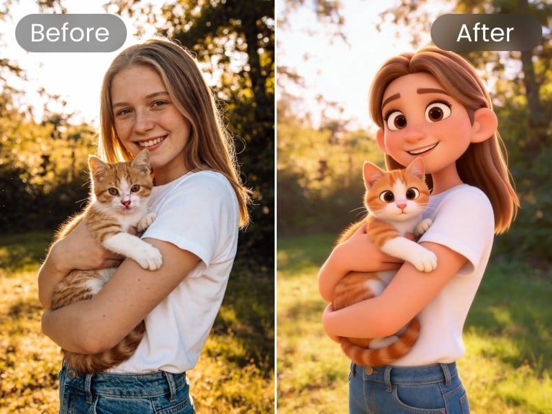 AI image to image featuring transferring a woman with a kitten into cartoon 3 D style