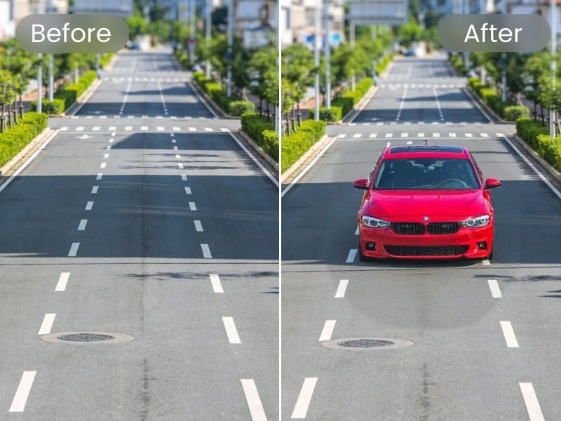 AI inpainting effect for adding a car on a street
