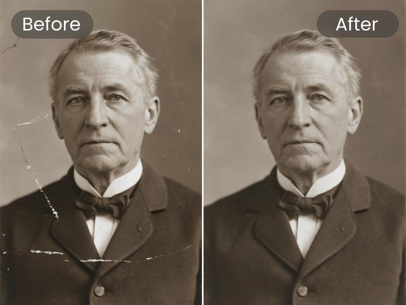 AI old photo restoration effect featuring an old man