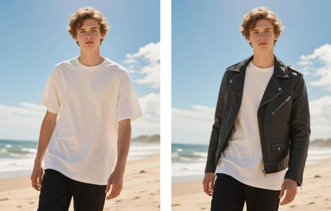 Add a black leather jacket to the man wearing a white short sleeve shirt in the photo