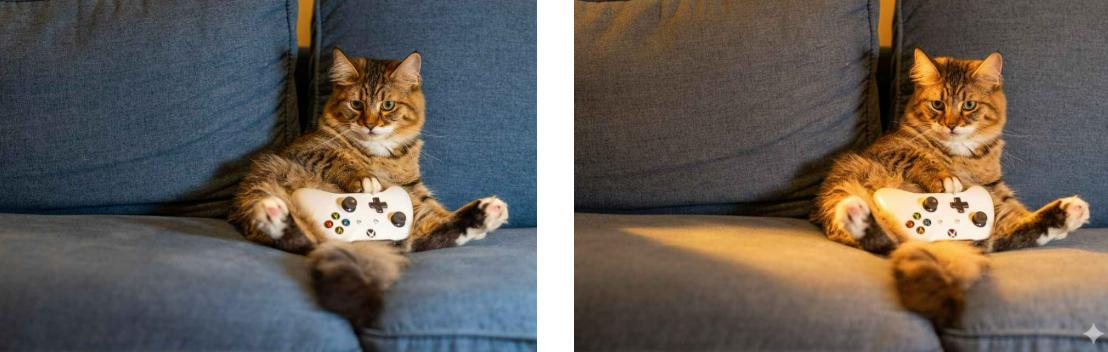 Add a warm yellow lighting atmosphere to the photo of the cat holding a game controller