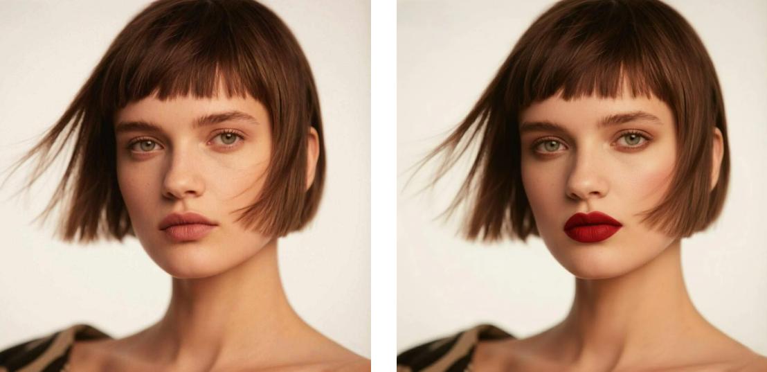 Add bold red lipstick makeup to the short haired woman in the photo