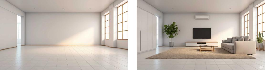 Add furniture and soft decorations to the empty room in the image