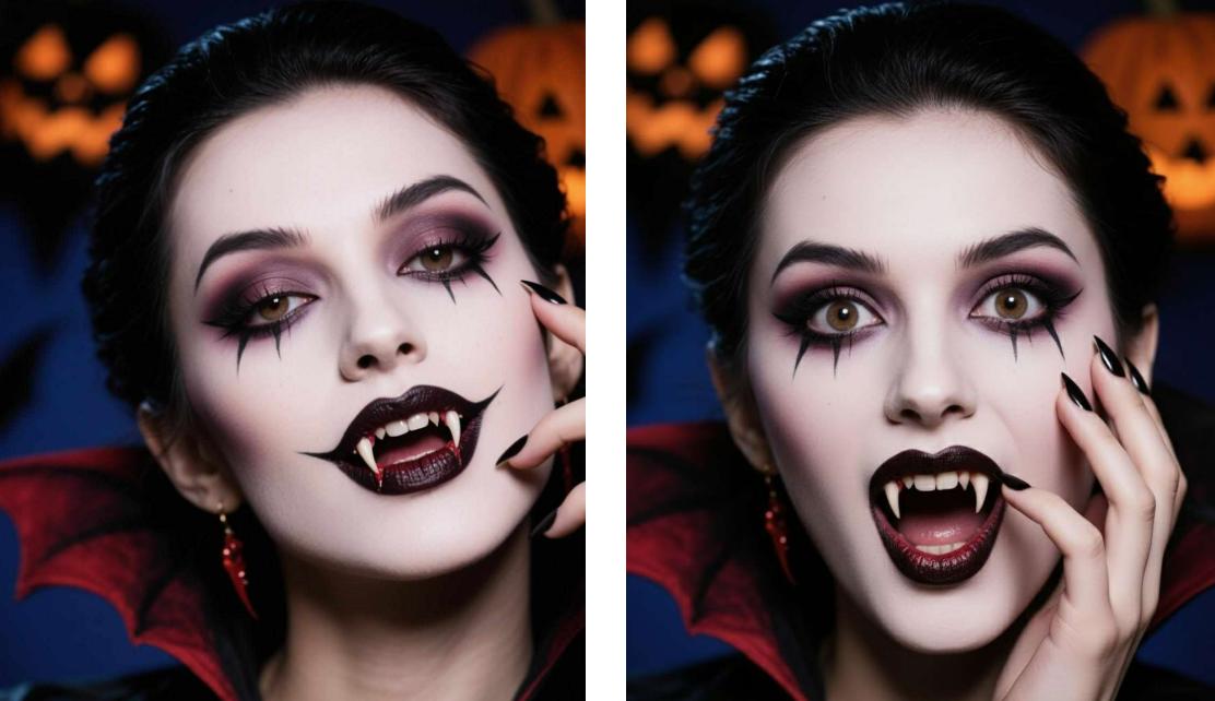 Change the expression of the woman in Halloween cosplay in the image