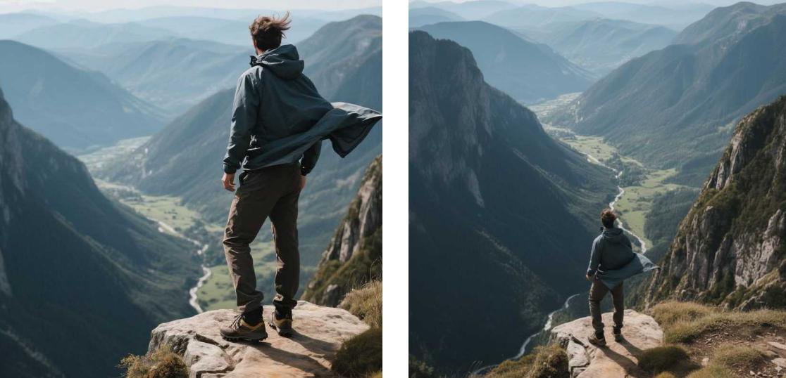 Change the perspective of this photo of a man standing on a mountain from eye level to a top down view