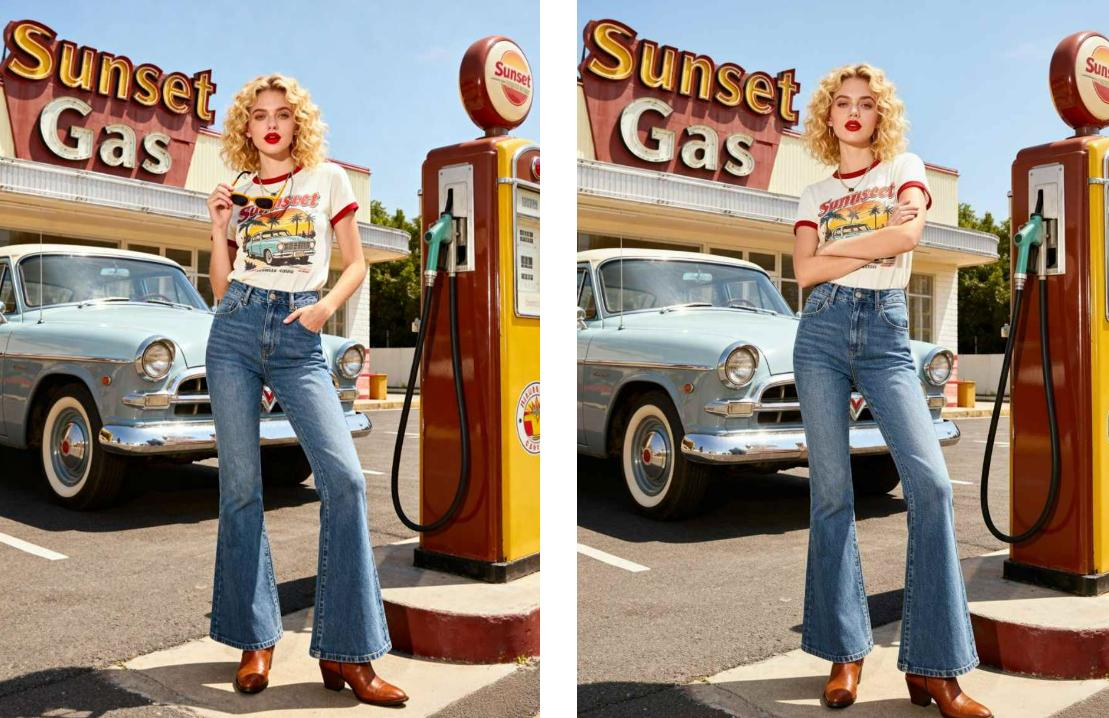 Change the standing pose of the woman in the image