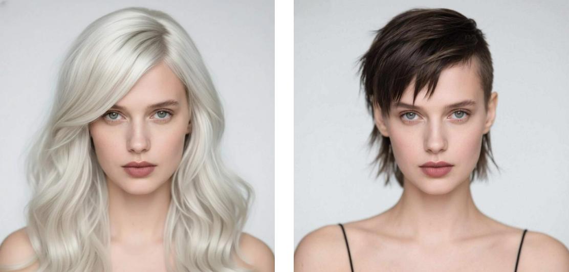 Change the white long hair of the woman in the photo to short brown hair