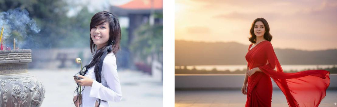 Change the woman in the photo wearing white clothes to wearing a saree