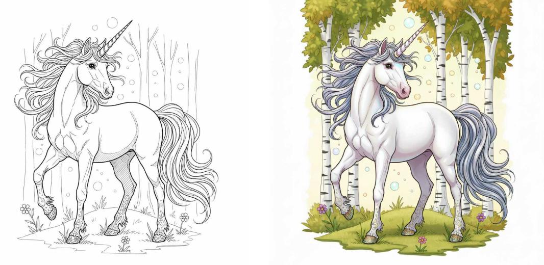 Color the unicorn line art in the image