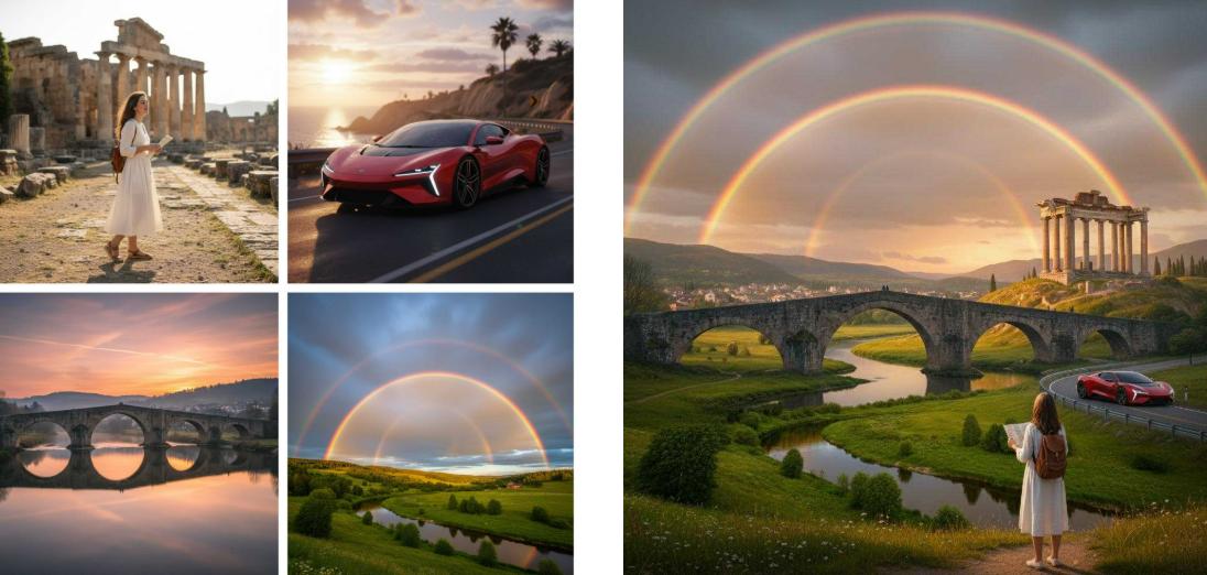 Create a completely new scene from the four uploaded images with different elements