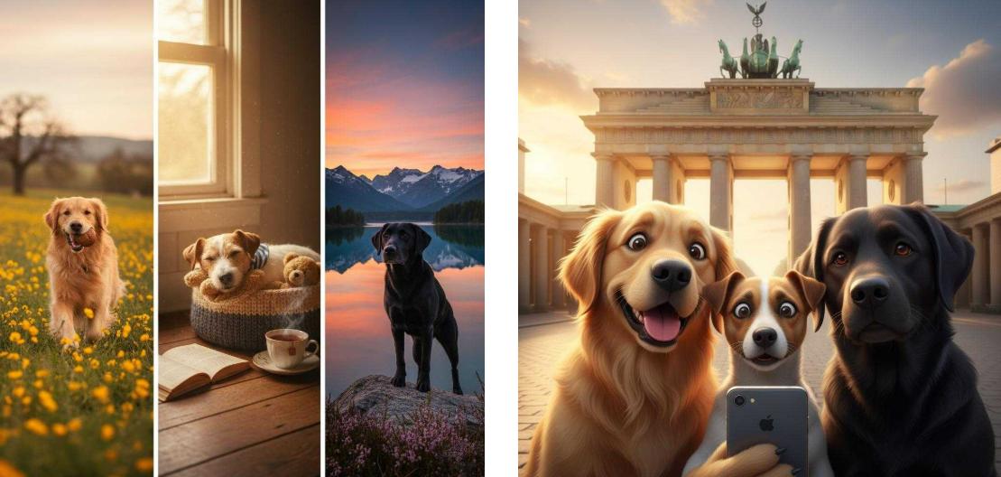 Create a group photo from the three dog images uploaded