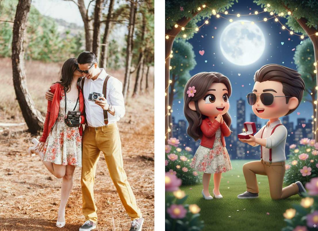 Generate a 3 D chibi proposal scene based on the couple photo