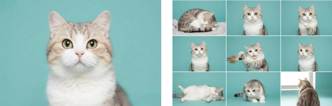 Generate a 3 3 grid of selfies featuring the ragdoll cat in the image