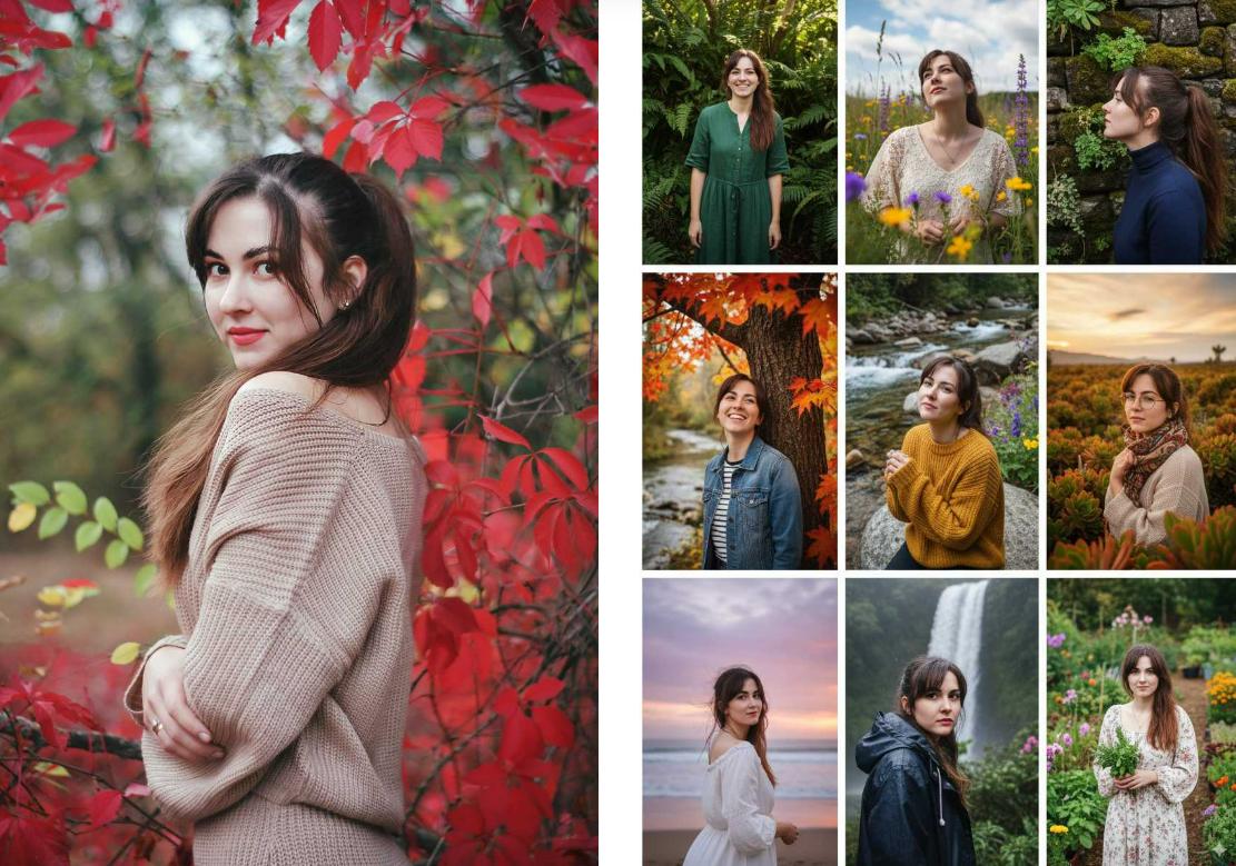 Generate a 3 3 grid of selfies of the woman in the image with different scenes and outfits
