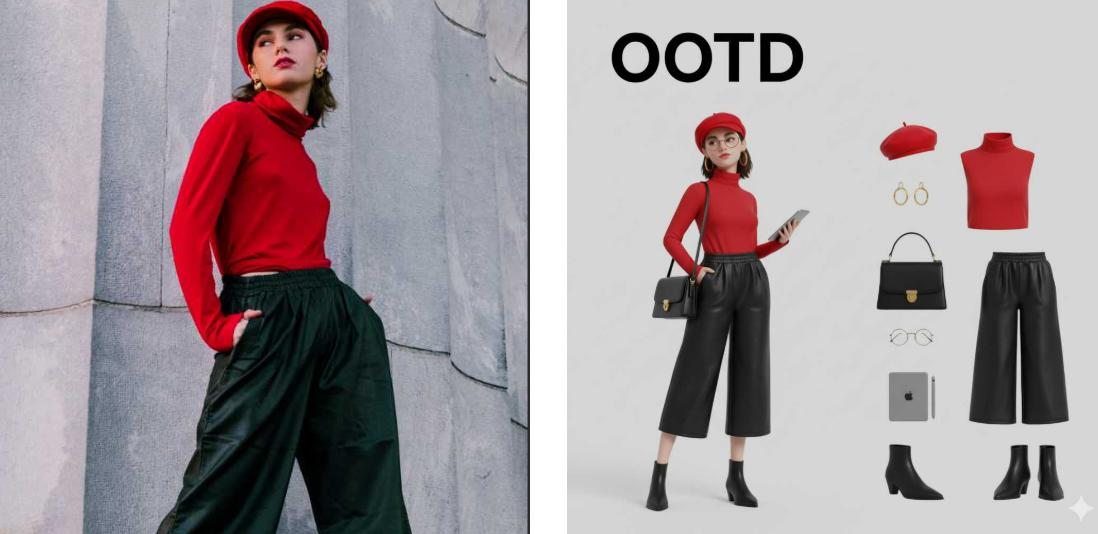 Generate a Q style 3 D C4 D rendered character of the woman in the image with individual clothing items and accessories laid out separately