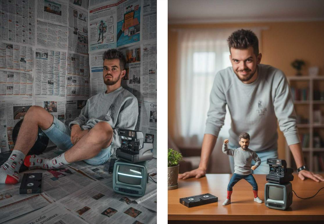 Generate an action figure version of the man in the photo and place it in the same scene with the real person