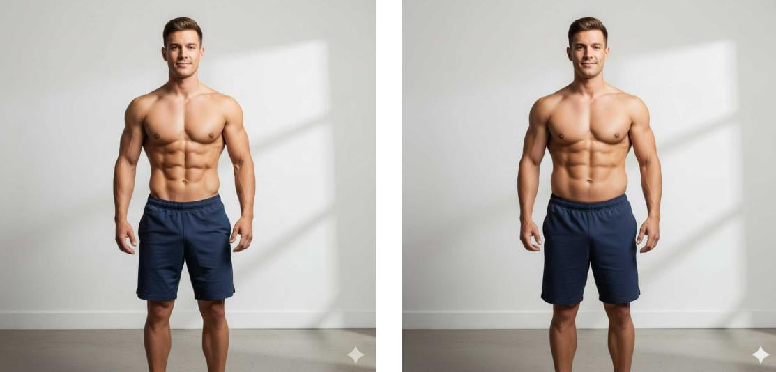 Make the man in the photo more muscular with a thicker waist