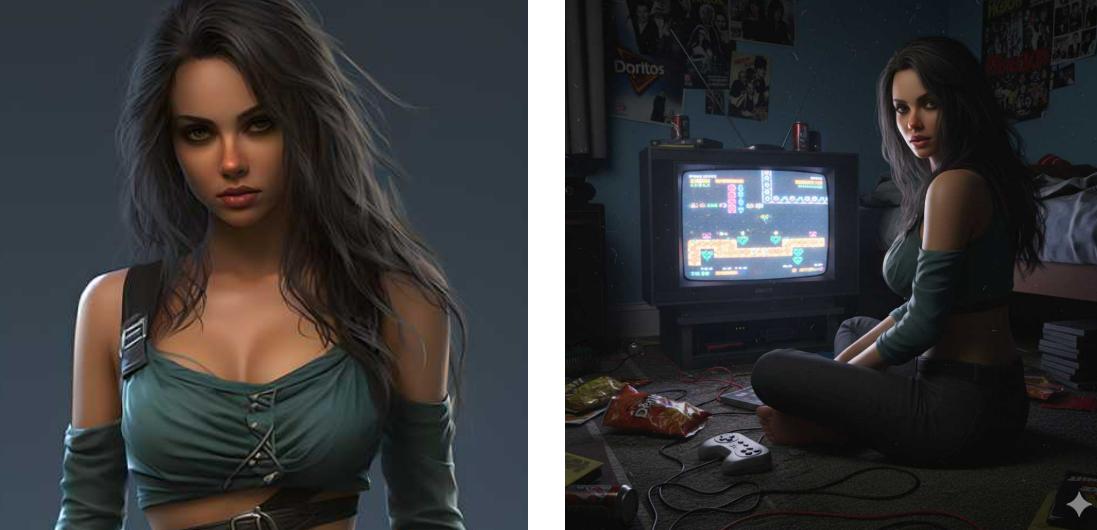 Make the woman in the image sit on the carpet facing an old fashioned TV playing a game