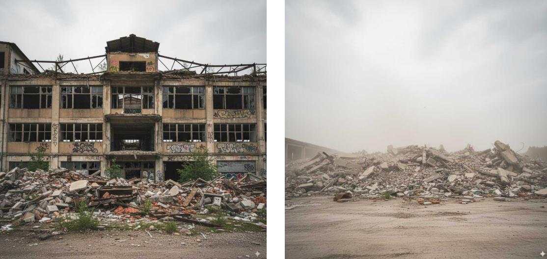Predict the appearance of the abandoned building after an explosion