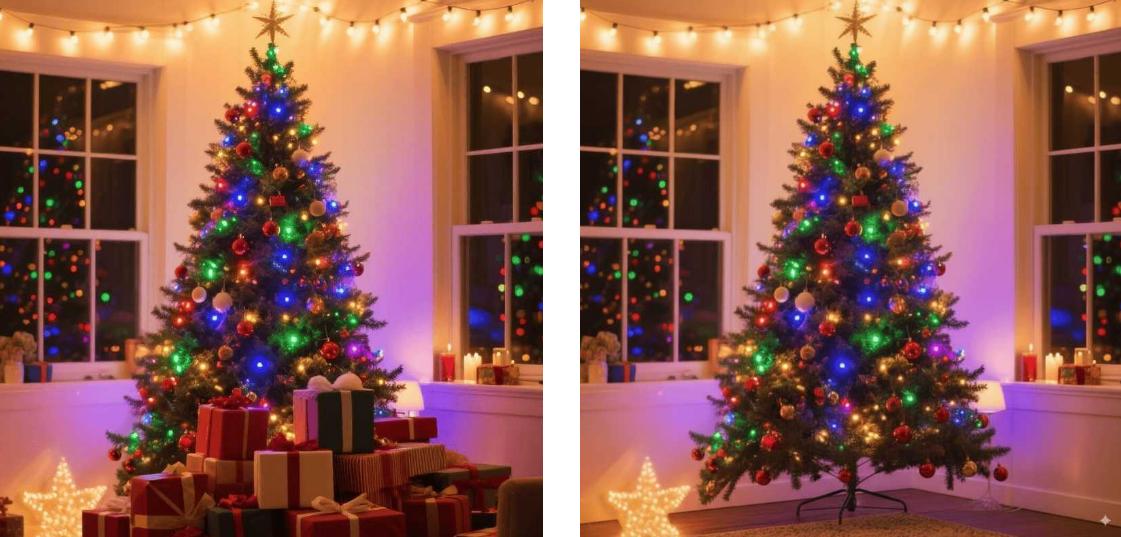 Remove the gift box decorations around the Christmas tree in the image