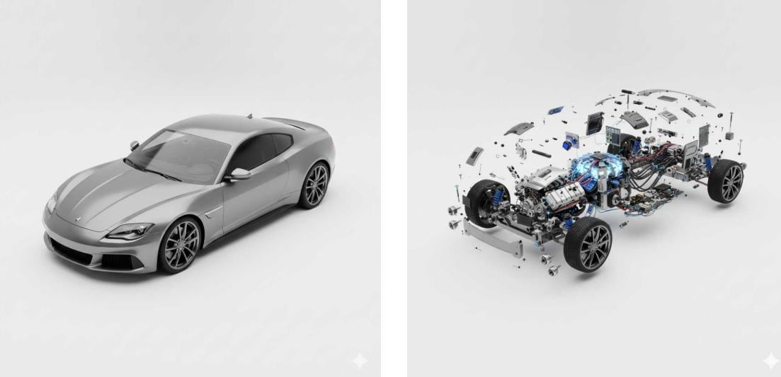 Show the internal structure of the car in the image