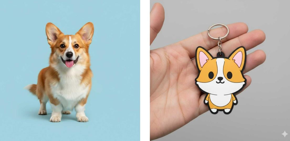 Transform the corgi in the image into a chibi style keychain