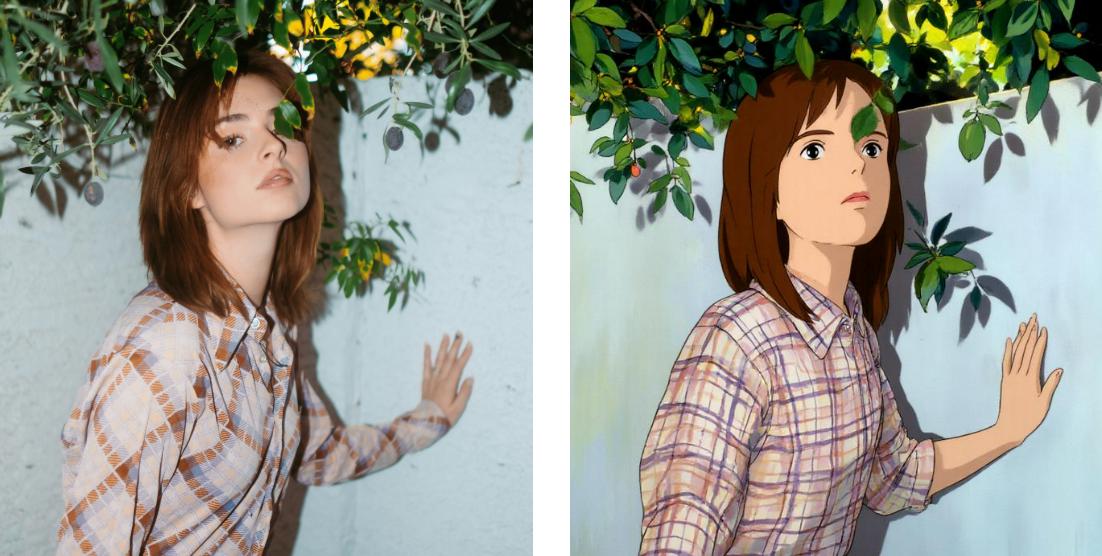 Transform the female character in the image into Ghibli style