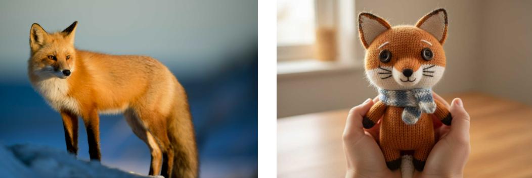 Transform the fox in the image into a knitted doll